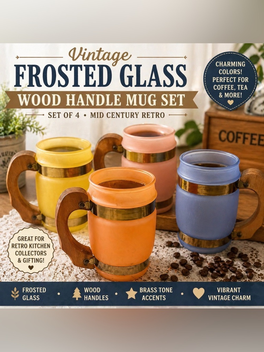 Set of 4 VINTAGE mugs
• Frosted glass bodies
• Wooden handles